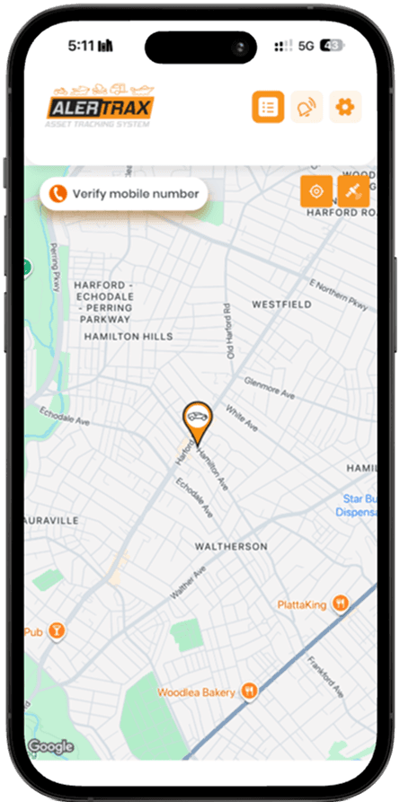 AlerTrax mobile app showing a tracked vehicle live on the map