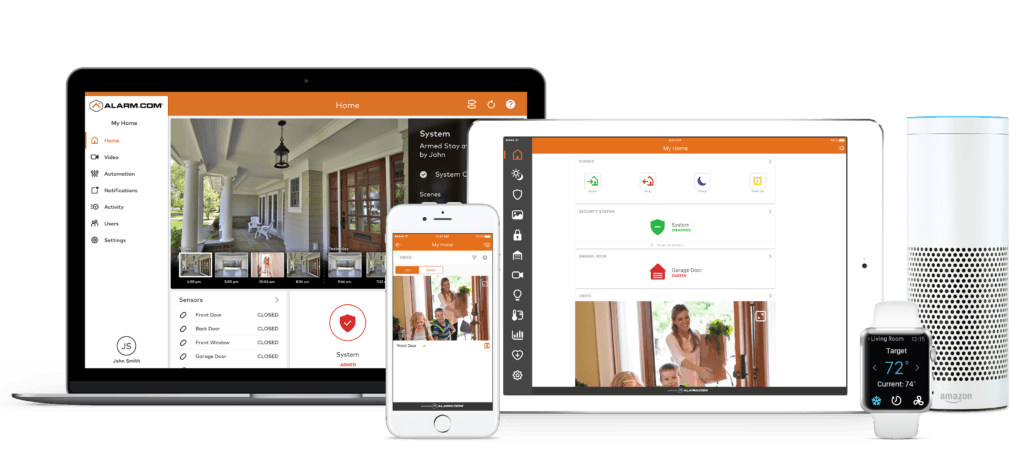 Alarm.com app running on Android, iOS, Apple Watch, Apple TV, Amazon Echo, and Amazon Fire TV